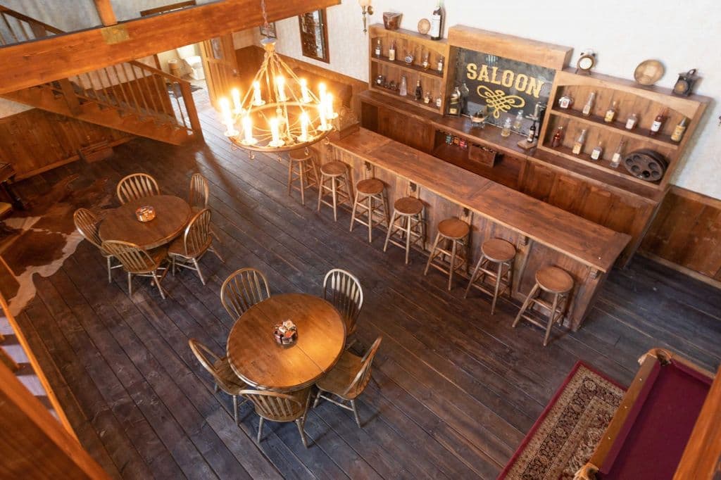 Saloon interior view from upstairs balcony.